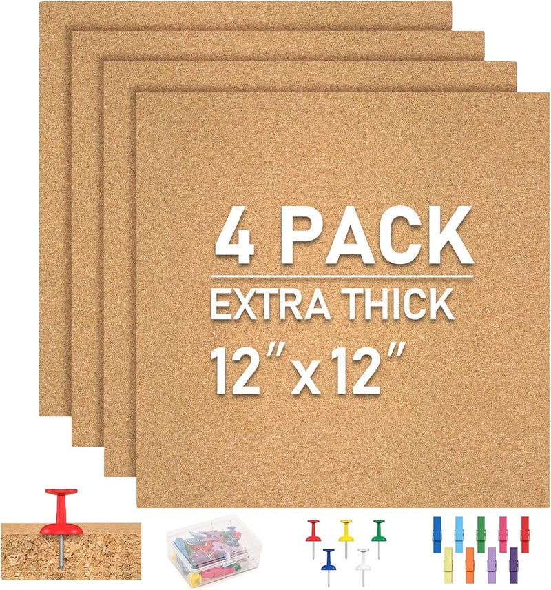 Facilife Cork Board Tiles - 4 Packs Adhesive Corkboards for Wall, Small Cork Board Squares Decorative for Office, School & Home - Image 1